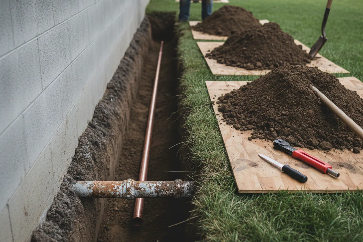 Excavated water line trench during Water Heater Repair in Bypro